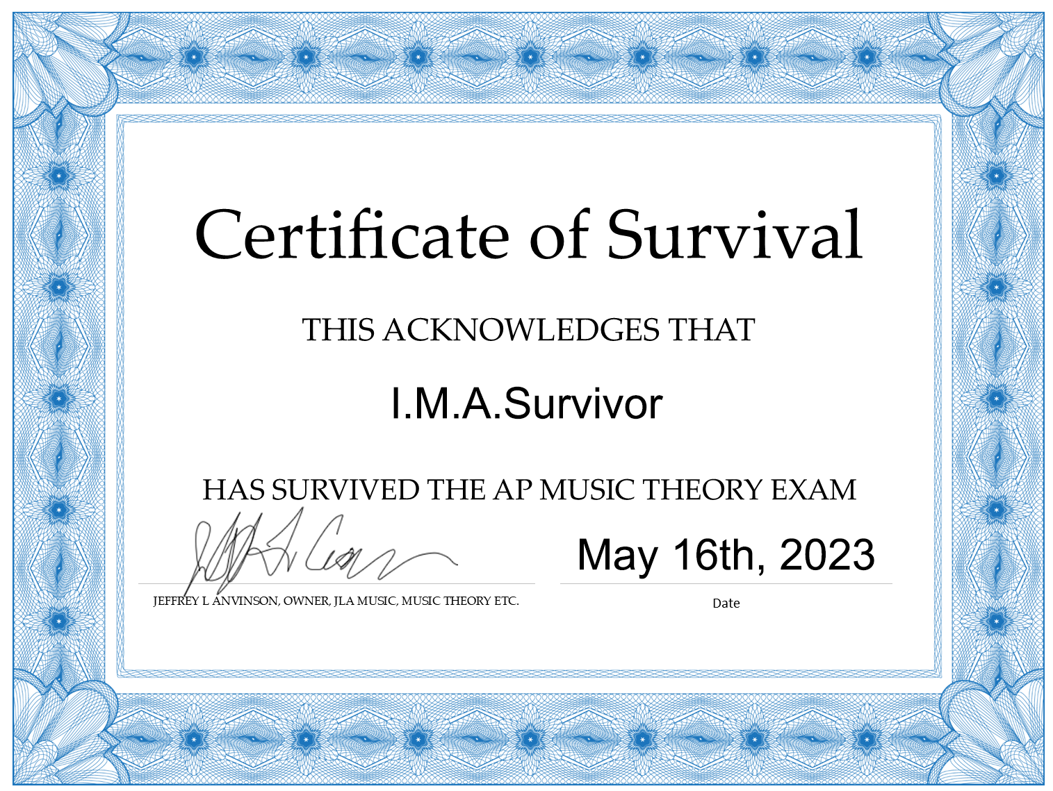 Certificate of survival AP music theory exam